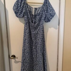 Floral Ditsy Blue Peasant Midi Dress with Slit and Puff Sleeves